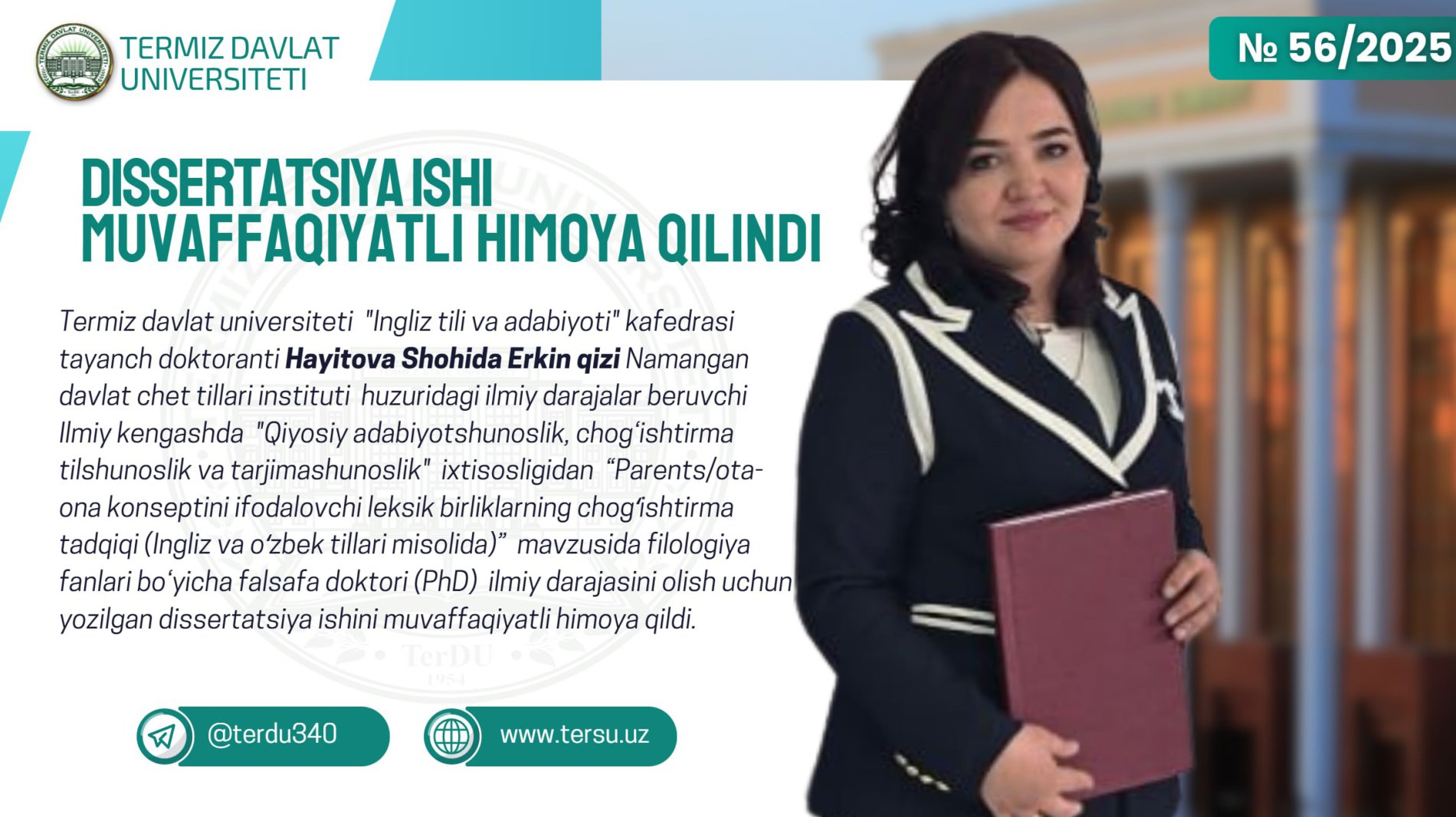 DISSERTATSIYA ISHI MUVAFFAQIYATLI HIMOYA QILINDI